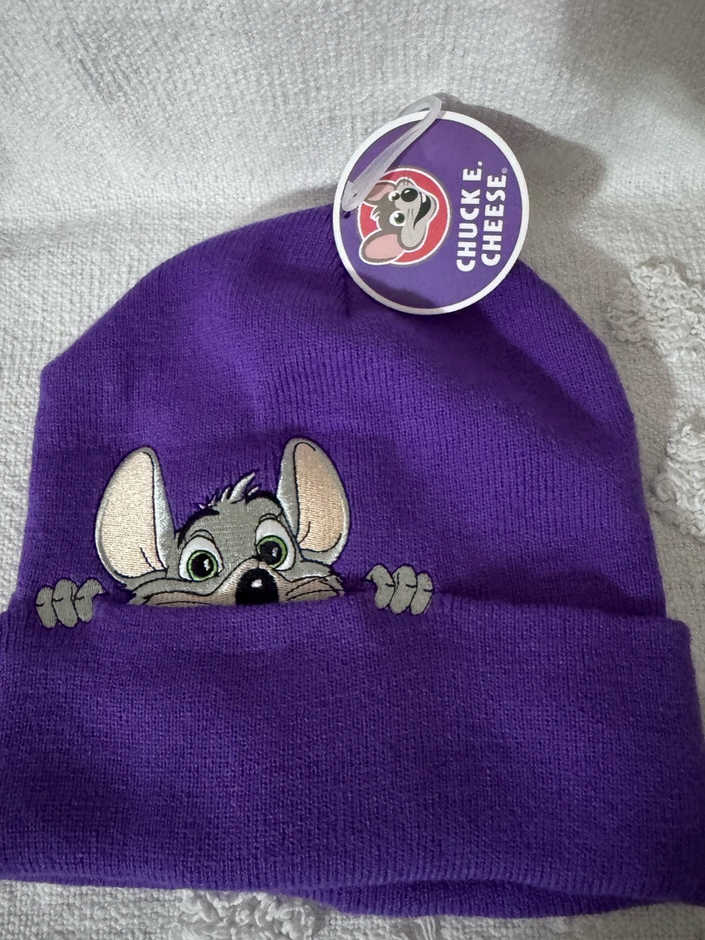 NWT/Chuck E Cheese Purple Beanie Hat Kids Adult Embroidered Logo Knit Cap